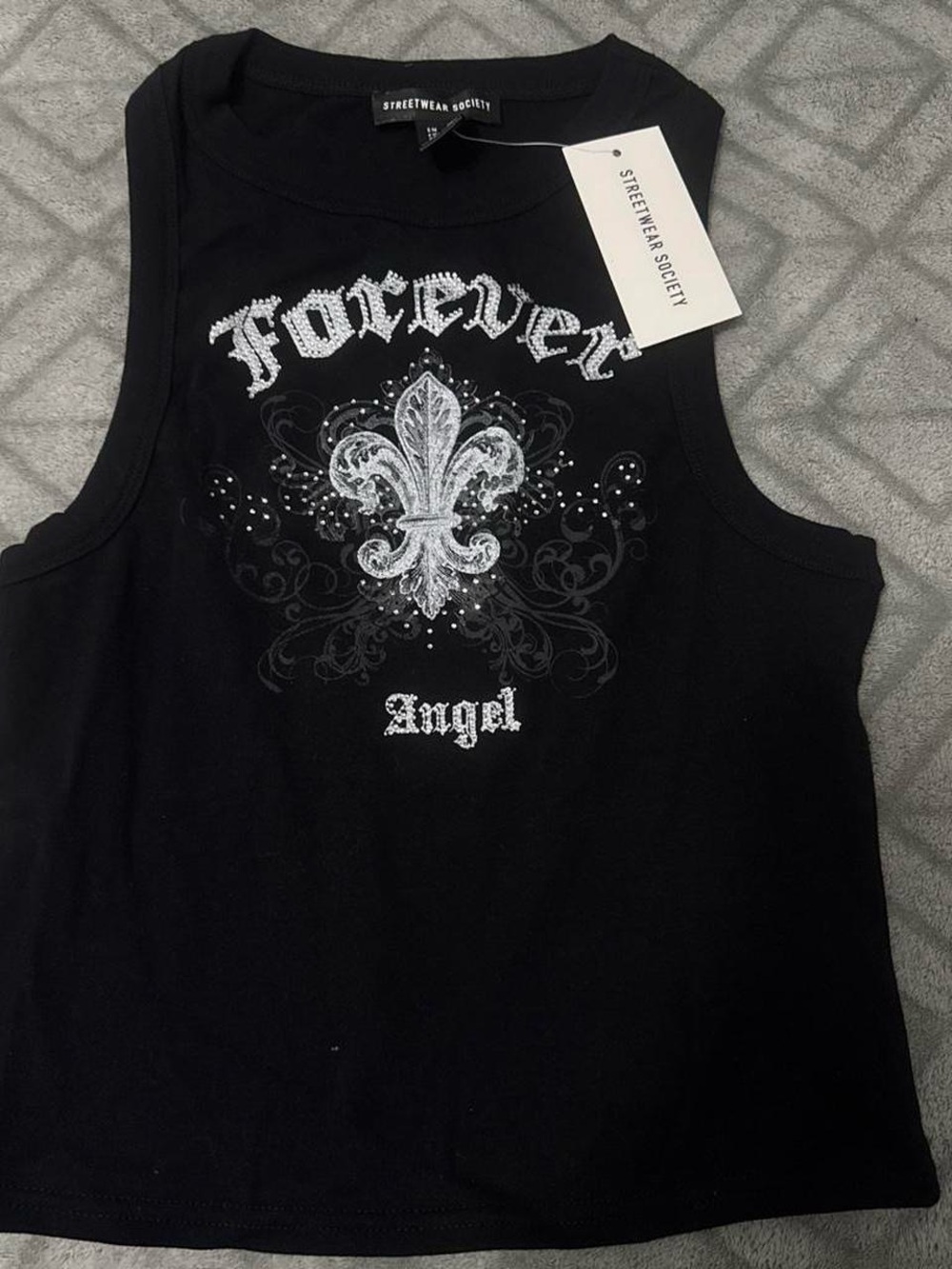 Streetwear Society Black Tank with White Fleur-de-Lis & 'Forever Angel' Graphic